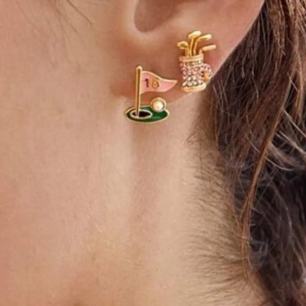 Golf Stud Earrings Pink Rhinestone Caddy Bag 18th Hole Flag Pearl Golfer Gift